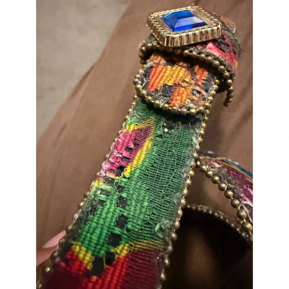 Vintage Multi Color Tapestry Jeweled Belt Gold Tone Ball Chain Trim M/L